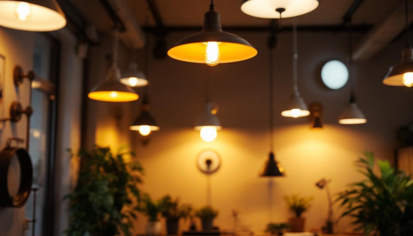 A photograph of a well-lit interior space showcasing various lighting fixtures in use