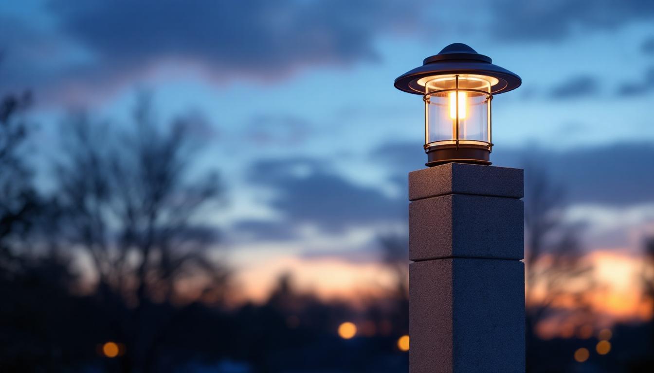 A photograph of a beautifully designed low voltage column light installed in an outdoor setting