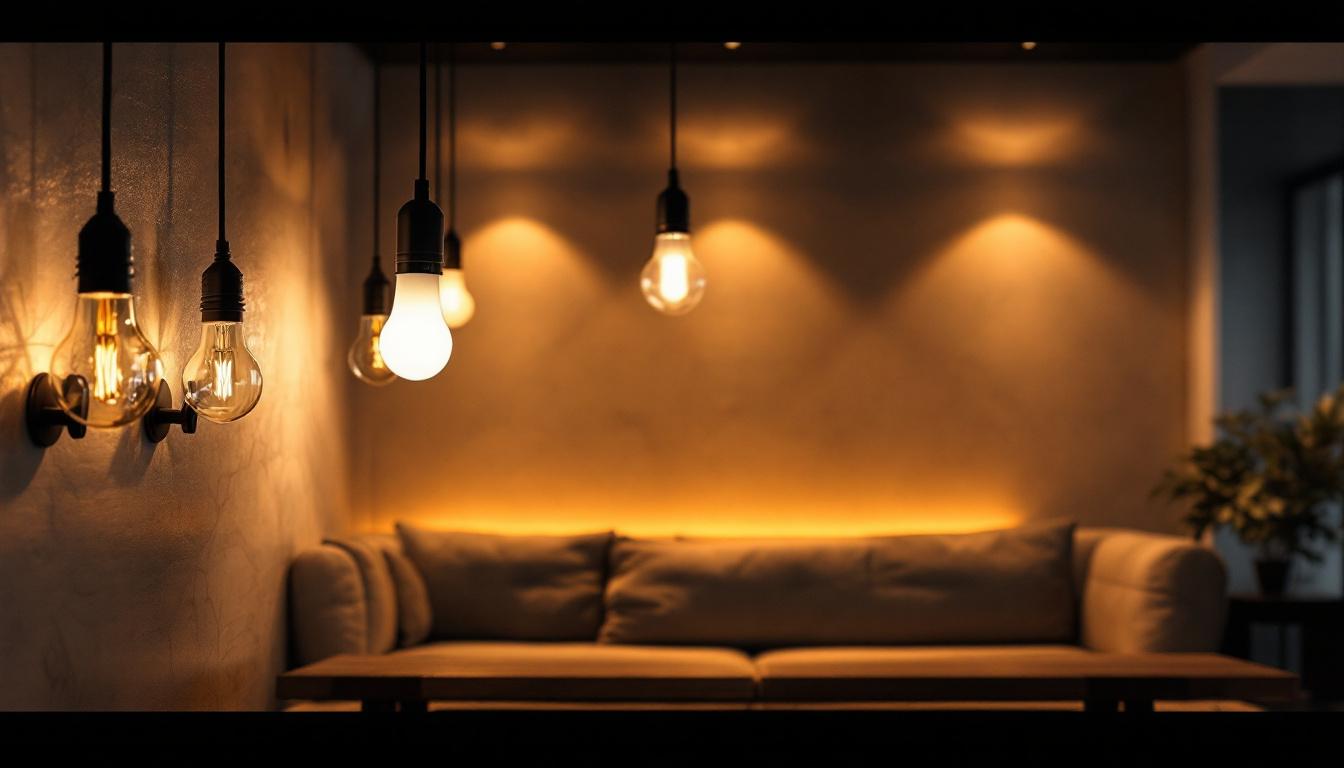 A photograph of a beautifully designed interior space featuring various types of recessed light bulbs in action