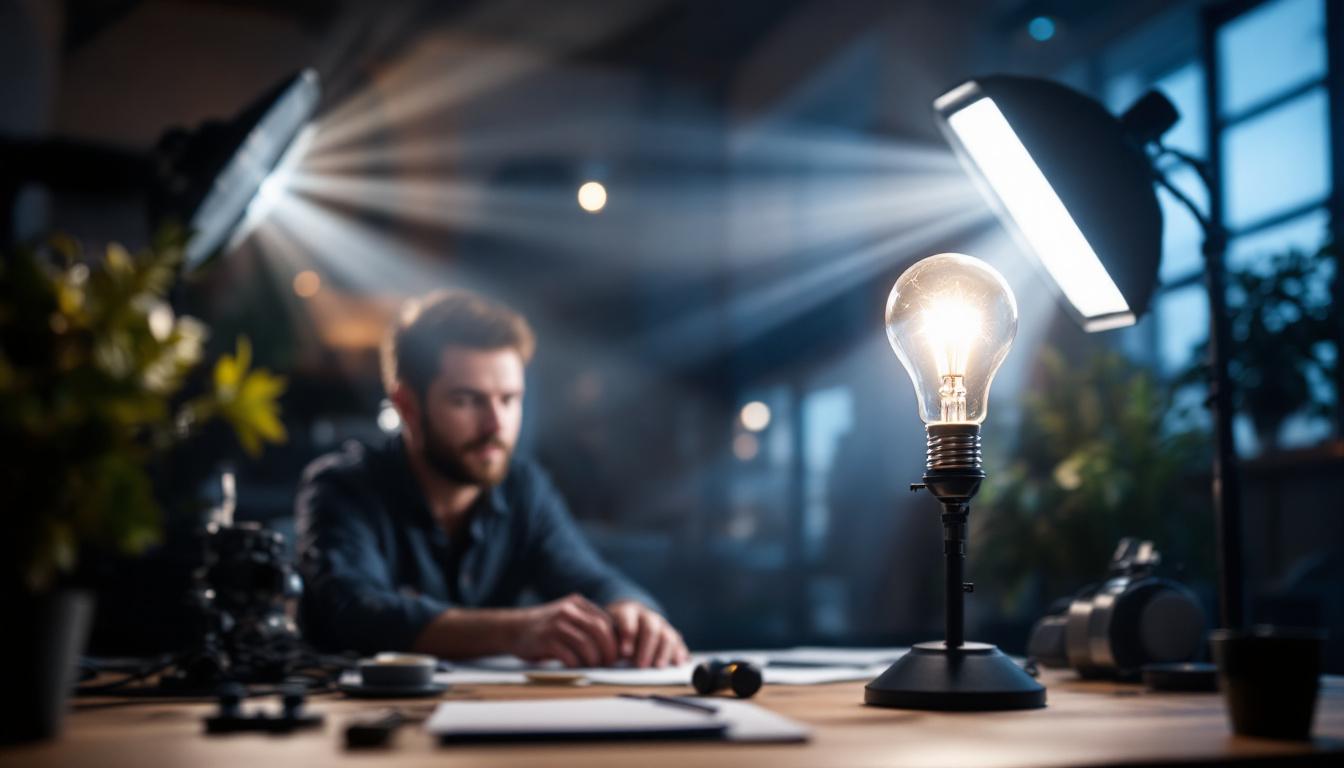 A photograph of a dynamic lighting setup featuring a strobing light bulb in action
