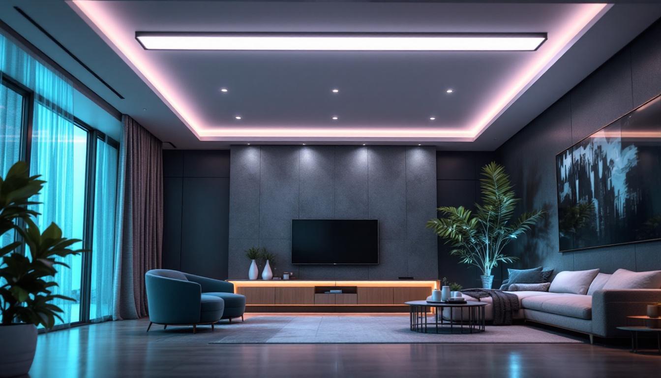 A photograph of a modern linear led ceiling light installation in a stylish interior setting