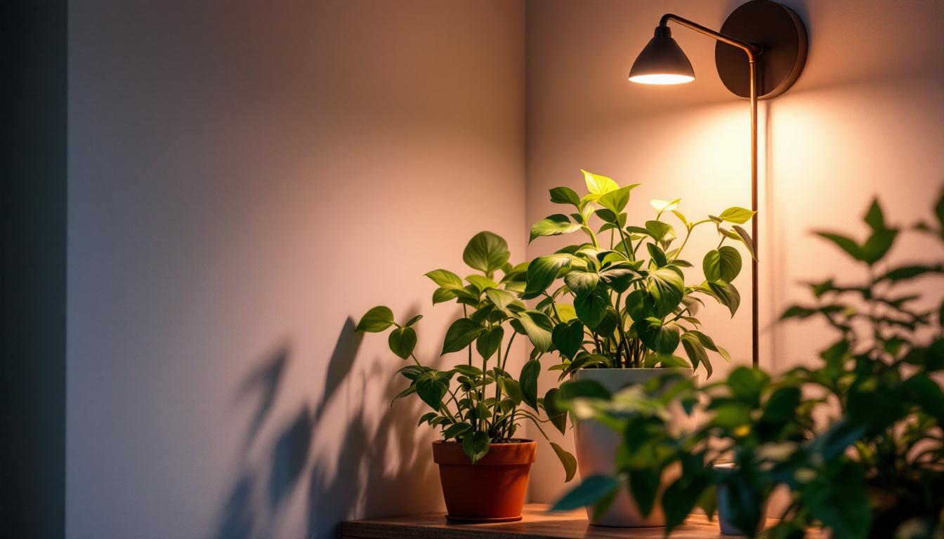 A photograph of a stylish grow light sconce illuminating a vibrant indoor plant arrangement