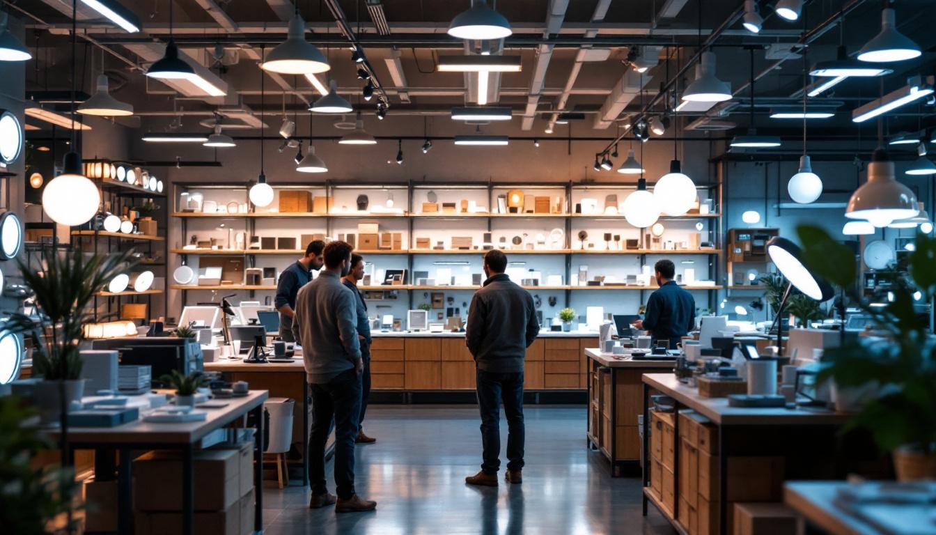 A photograph of a well-organized led lighting shop showcasing a variety of innovative lighting solutions