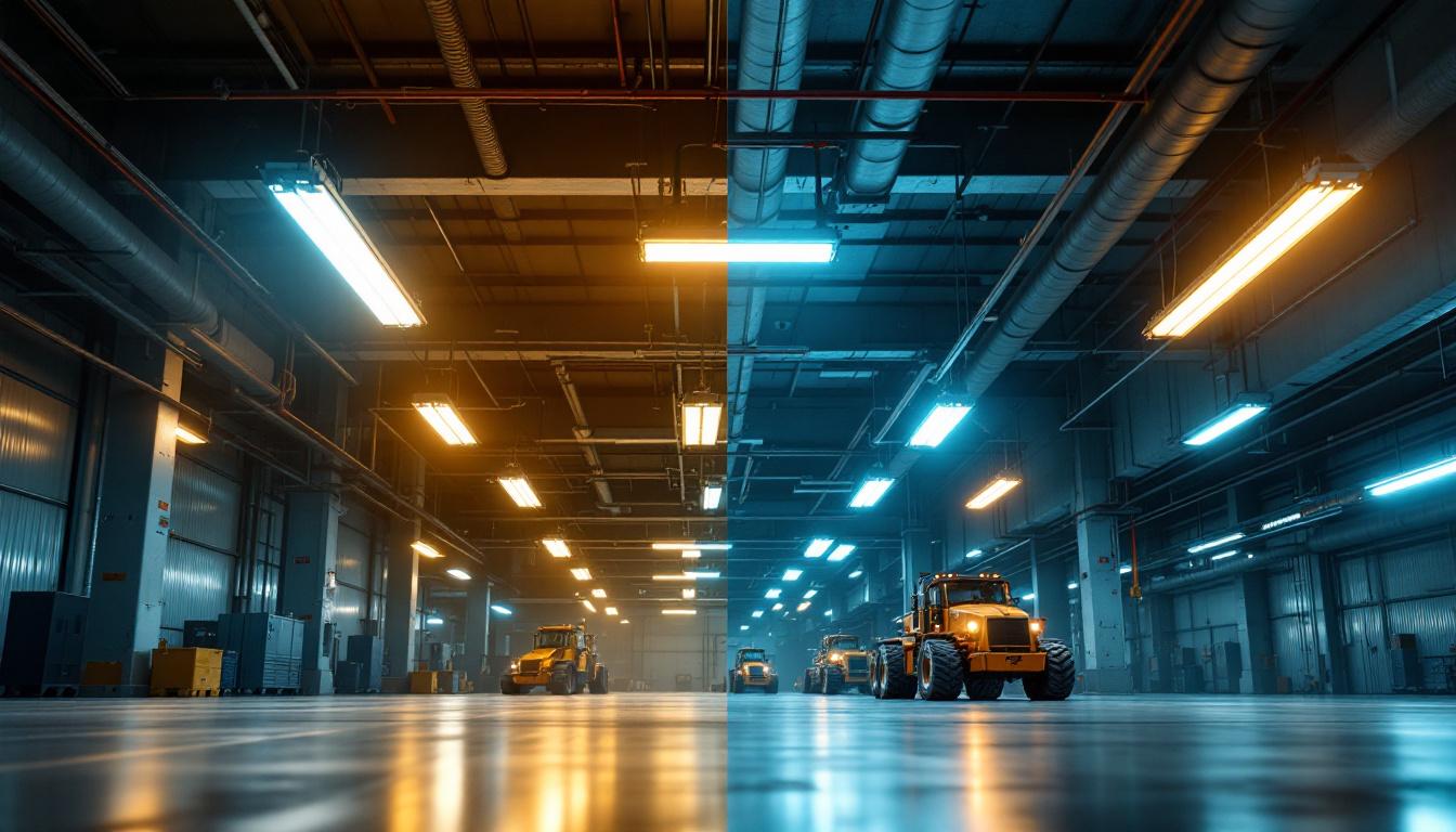 A photograph of a large-scale lighting installation in an industrial or commercial setting