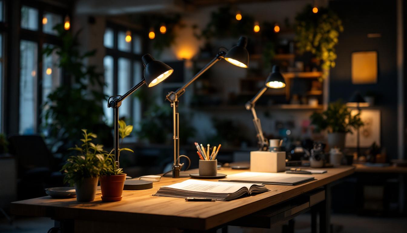 A photograph of a well-lit workspace featuring multiple linkable led shop lights in use