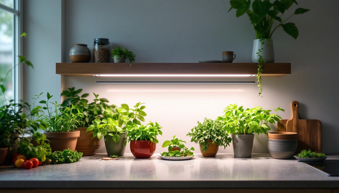 A photograph of a well-designed kitchen with under-cabinet grow lights illuminating a variety of thriving herbs and plants