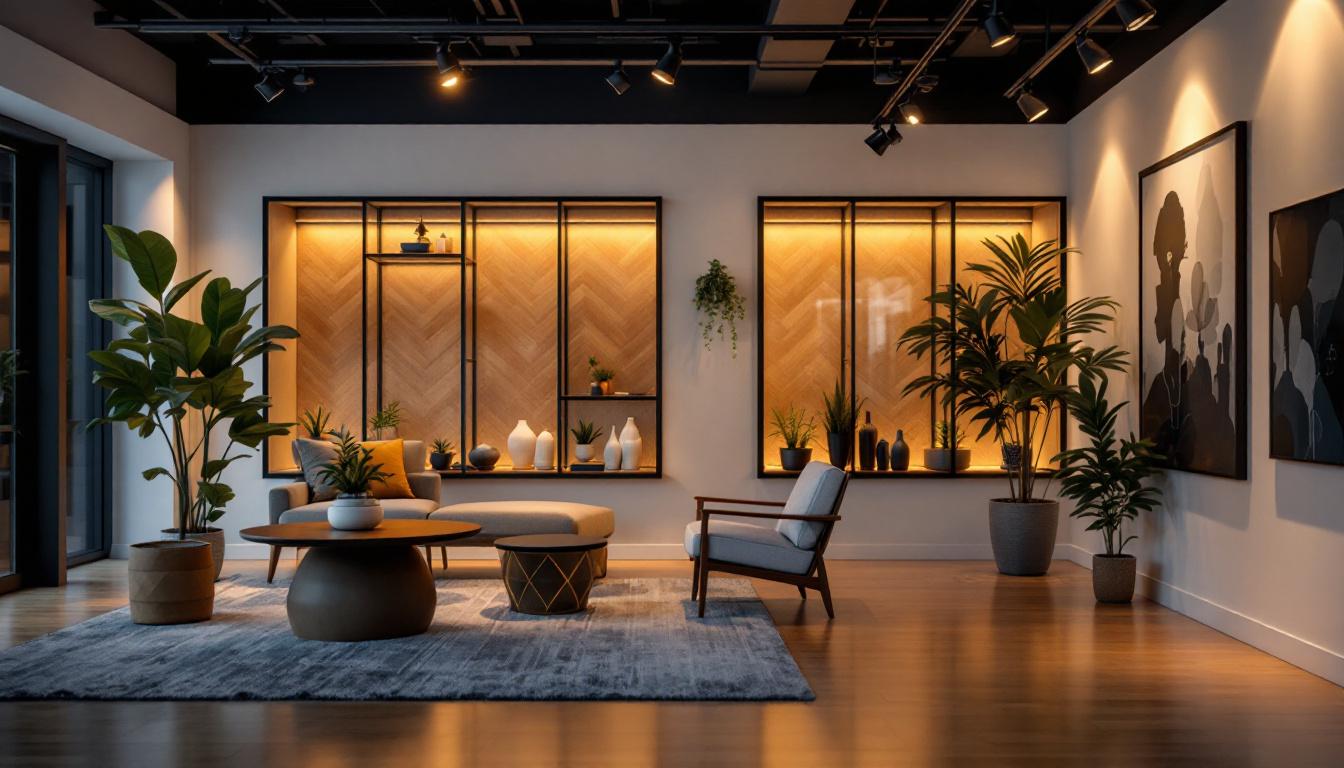 A photograph of a stylish interior space featuring track lighting in action