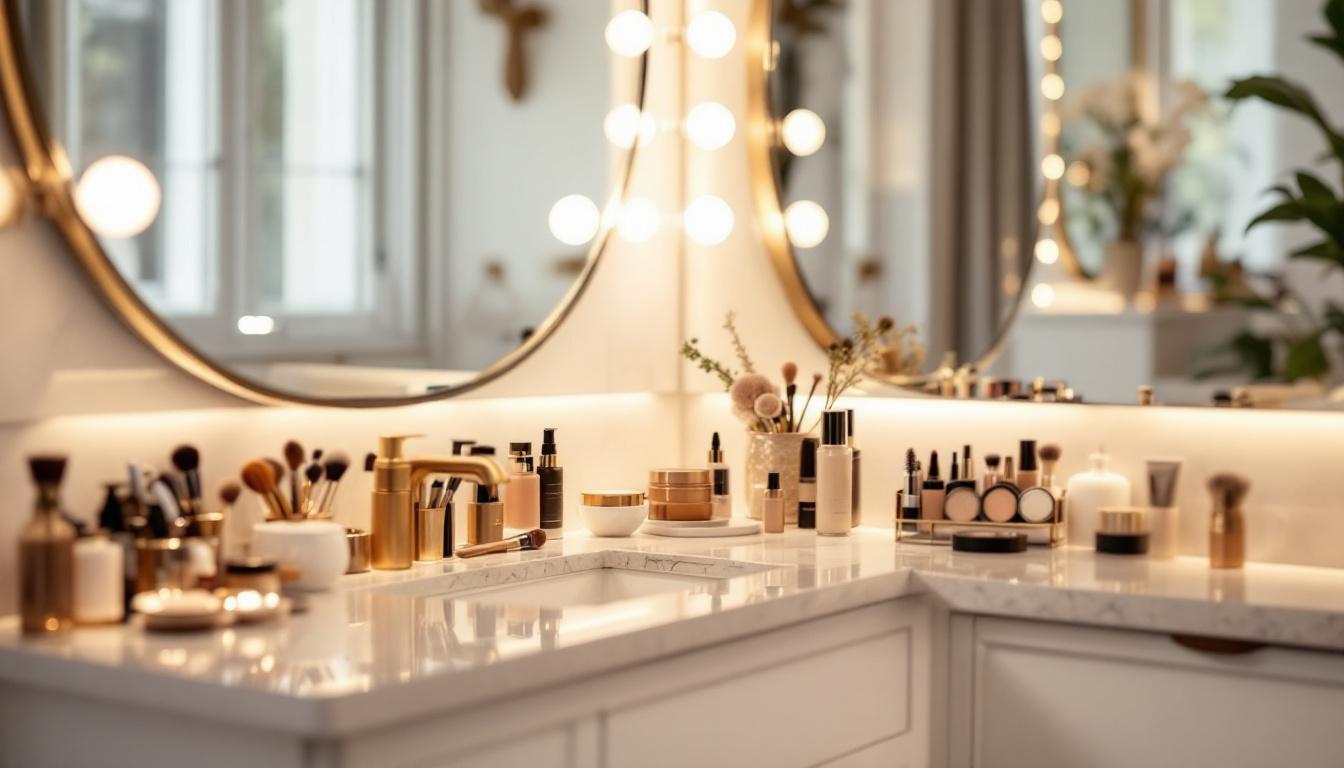 A photograph of a beautifully designed bathroom vanity area featuring soft