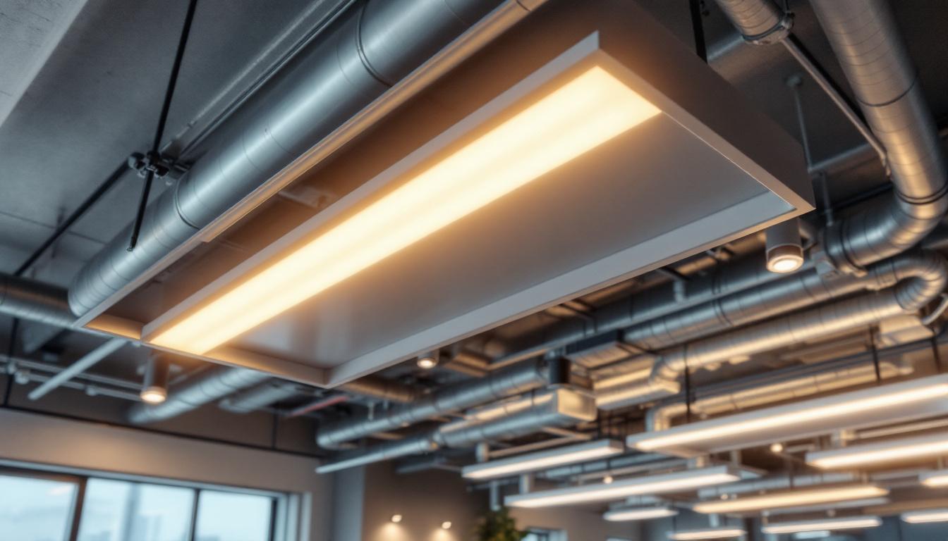 A photograph of a modern ceiling featuring both industrial and commercial led light panel designs
