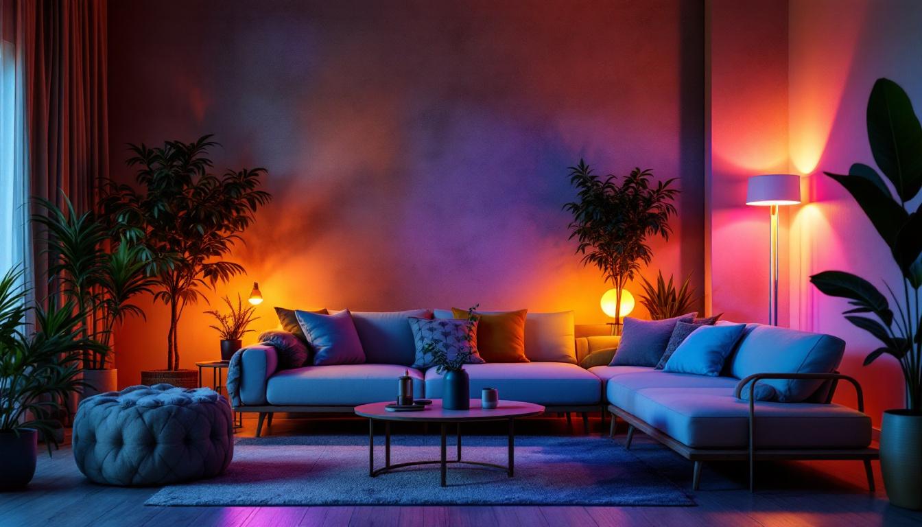 A photograph of a modern living space featuring various colored can lights in use