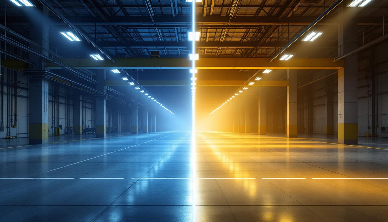 A photograph of a well-lit industrial or commercial space showcasing high bay linear led lights in action