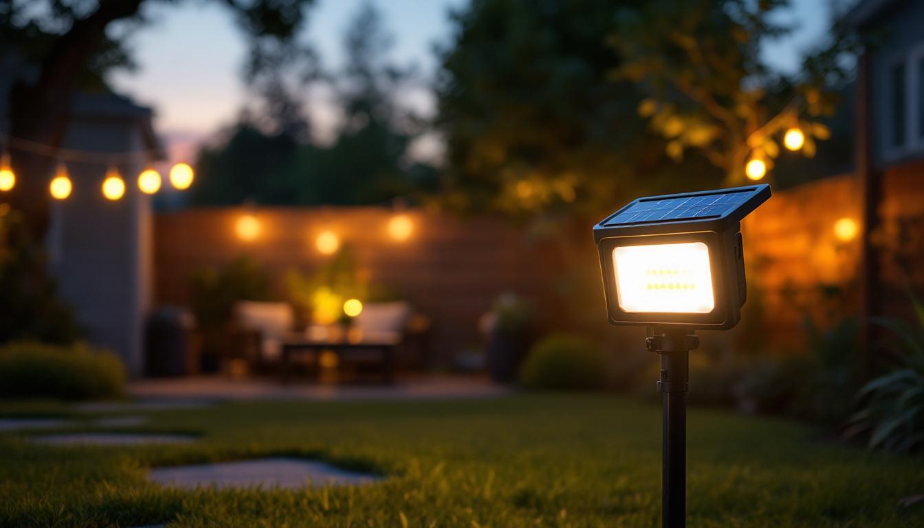 A photograph of a solar-powered flood light illuminating a backyard or outdoor space at dusk