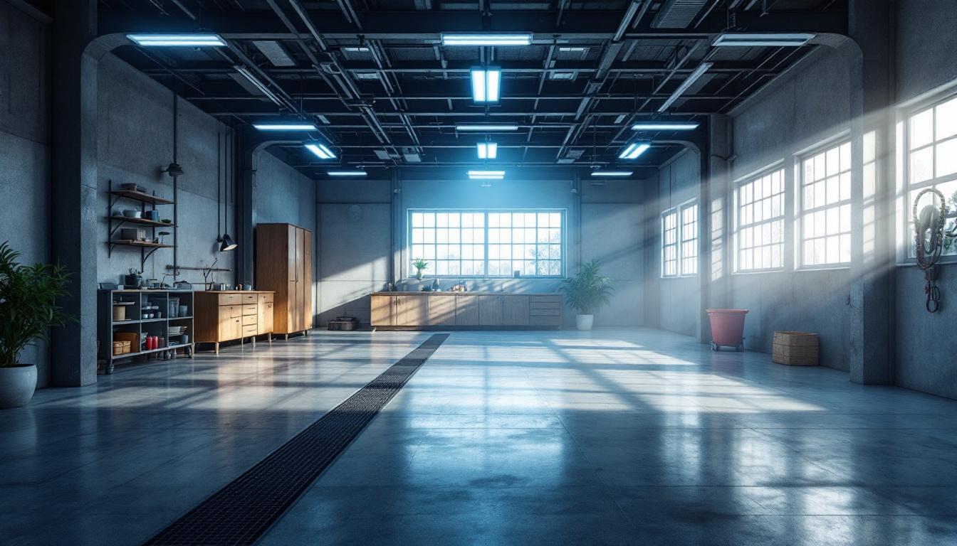 A photograph of a well-lit garage interior showcasing various lighting options