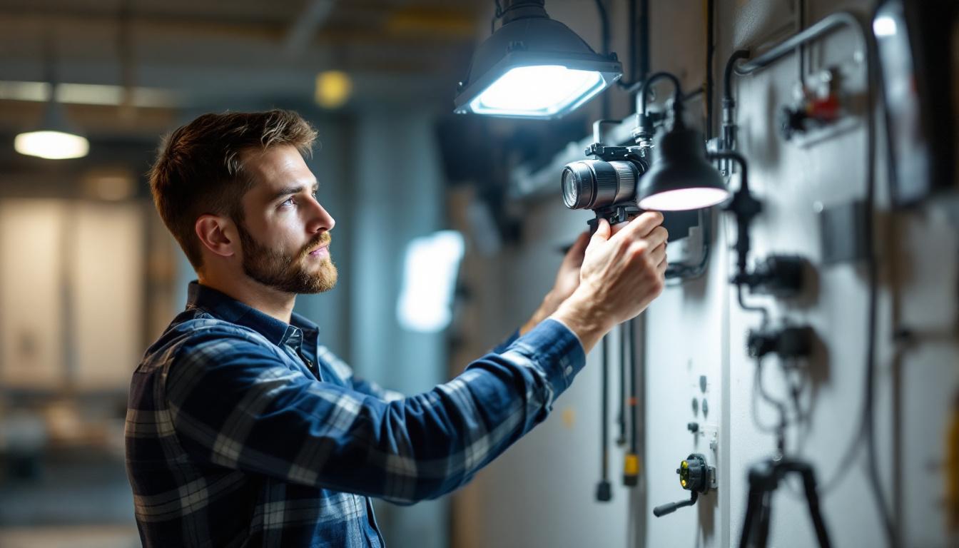 A photograph of an electrical engineer examining a slip fitter installation in a well-lit environment