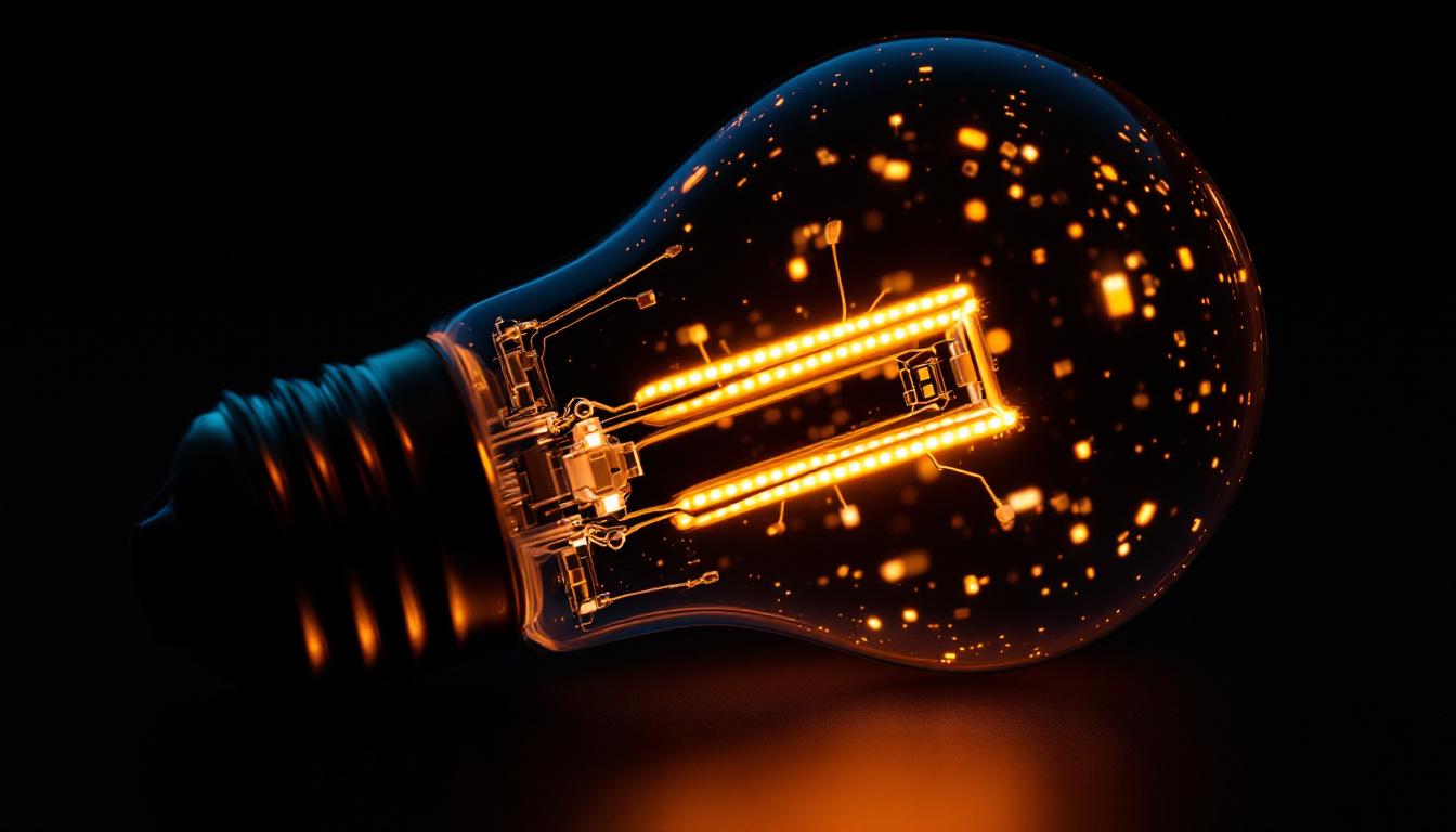 A photograph of a close-up of an illuminated led light bulb