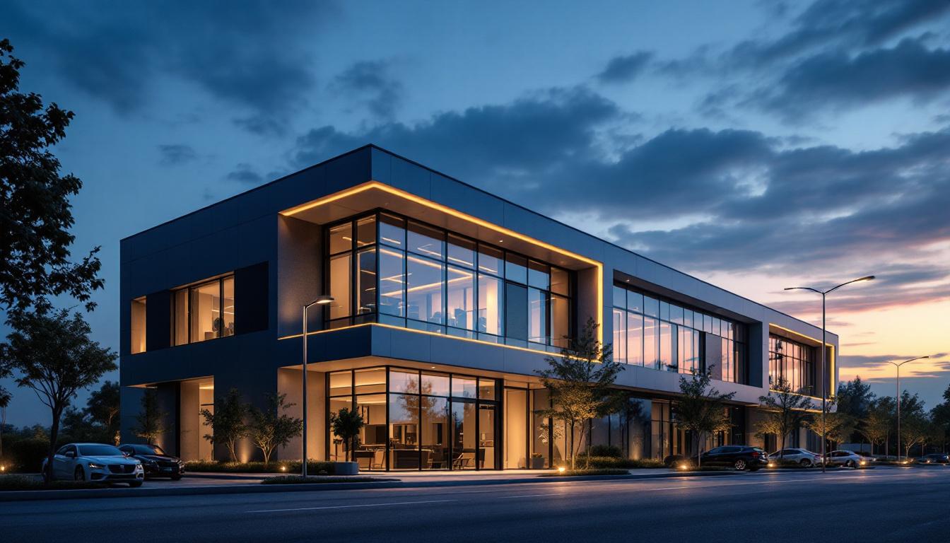 A photograph of a modern commercial building illuminated by solar-powered exterior lights at dusk