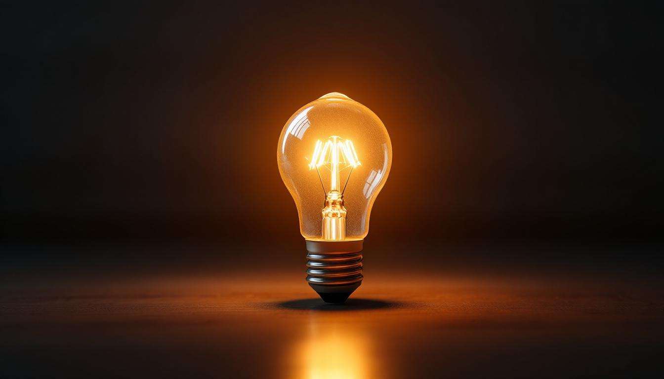 A photograph of a lit a19 light bulb in a dimly lit environment
