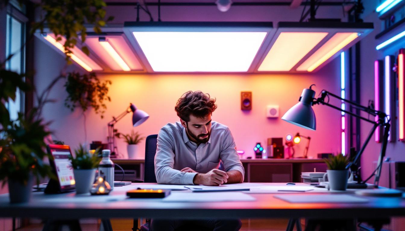A photograph of a well-lit workspace showcasing a variety of fluorescent lighting options
