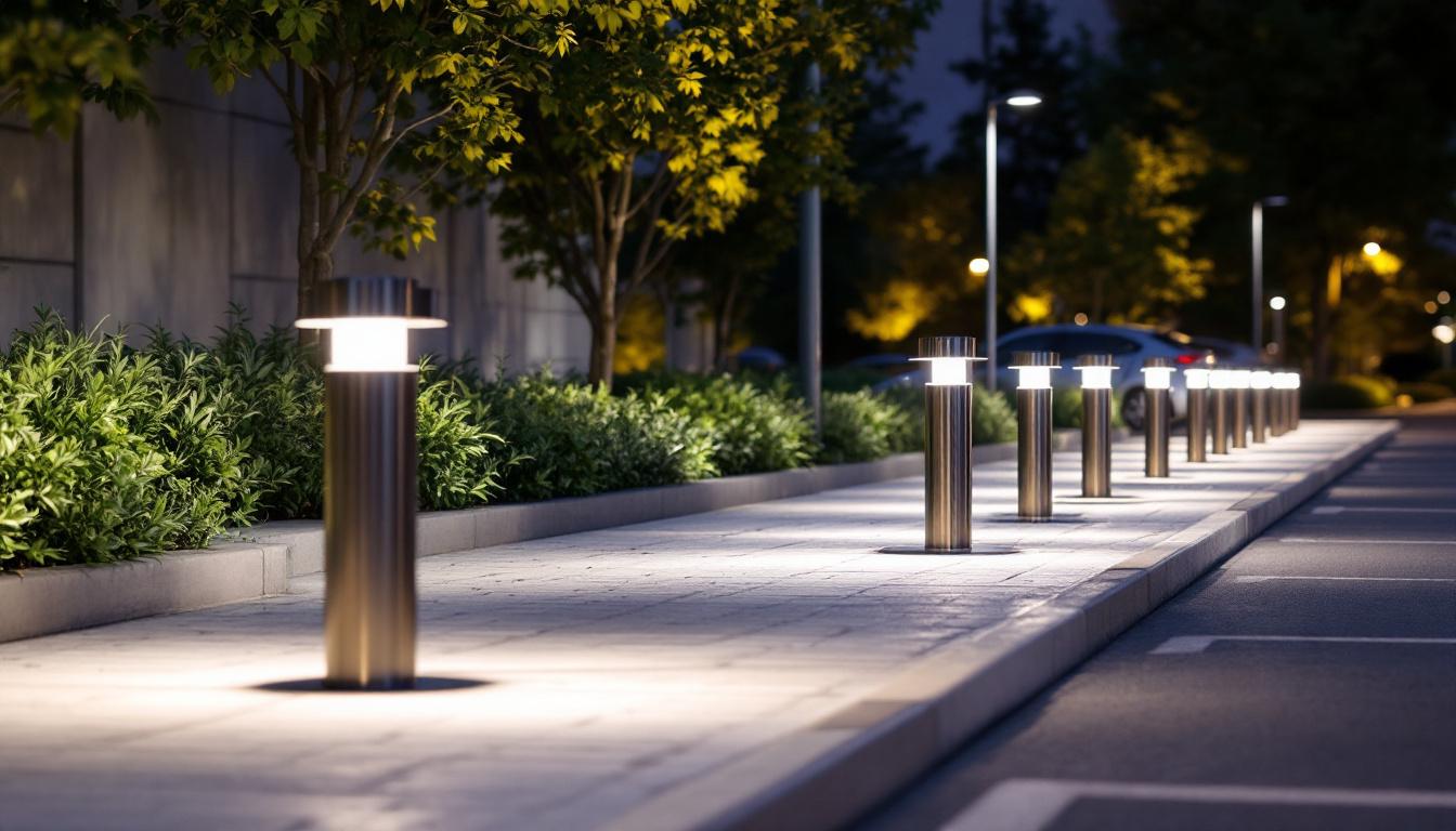 A photograph of a well-lit outdoor area featuring various types of bollards installed along a pathway or parking lot