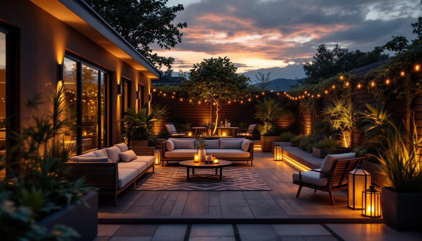 A photograph of a beautifully lit outdoor patio scene at dusk