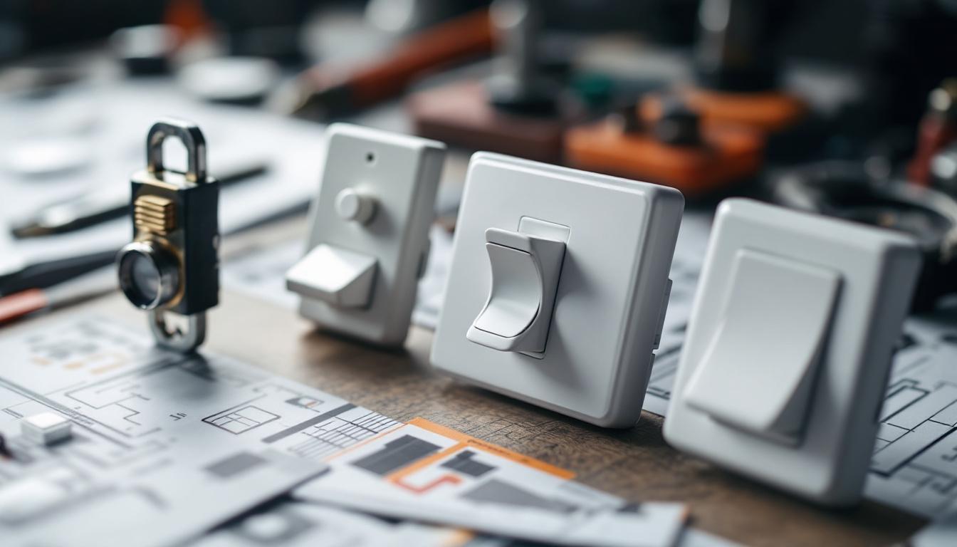 A photograph of a close-up shot of various types of light switches