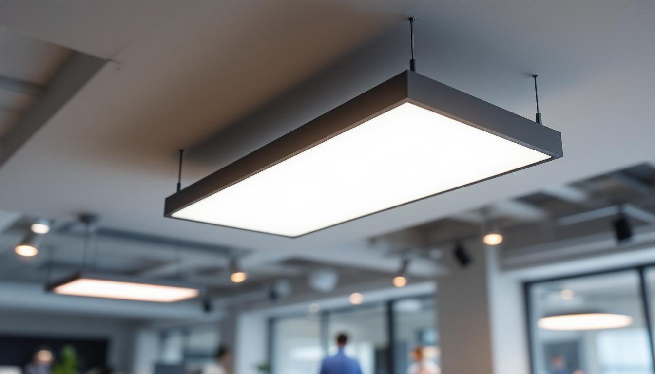 A photograph of a well-designed 2x4 troffer light fixture installed in a modern office or commercial space