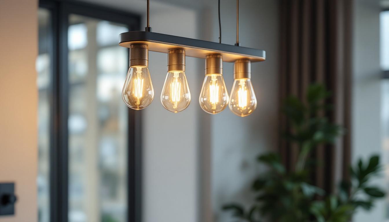 A photograph of a modern four-bulb light fixture installed in a stylish interior setting
