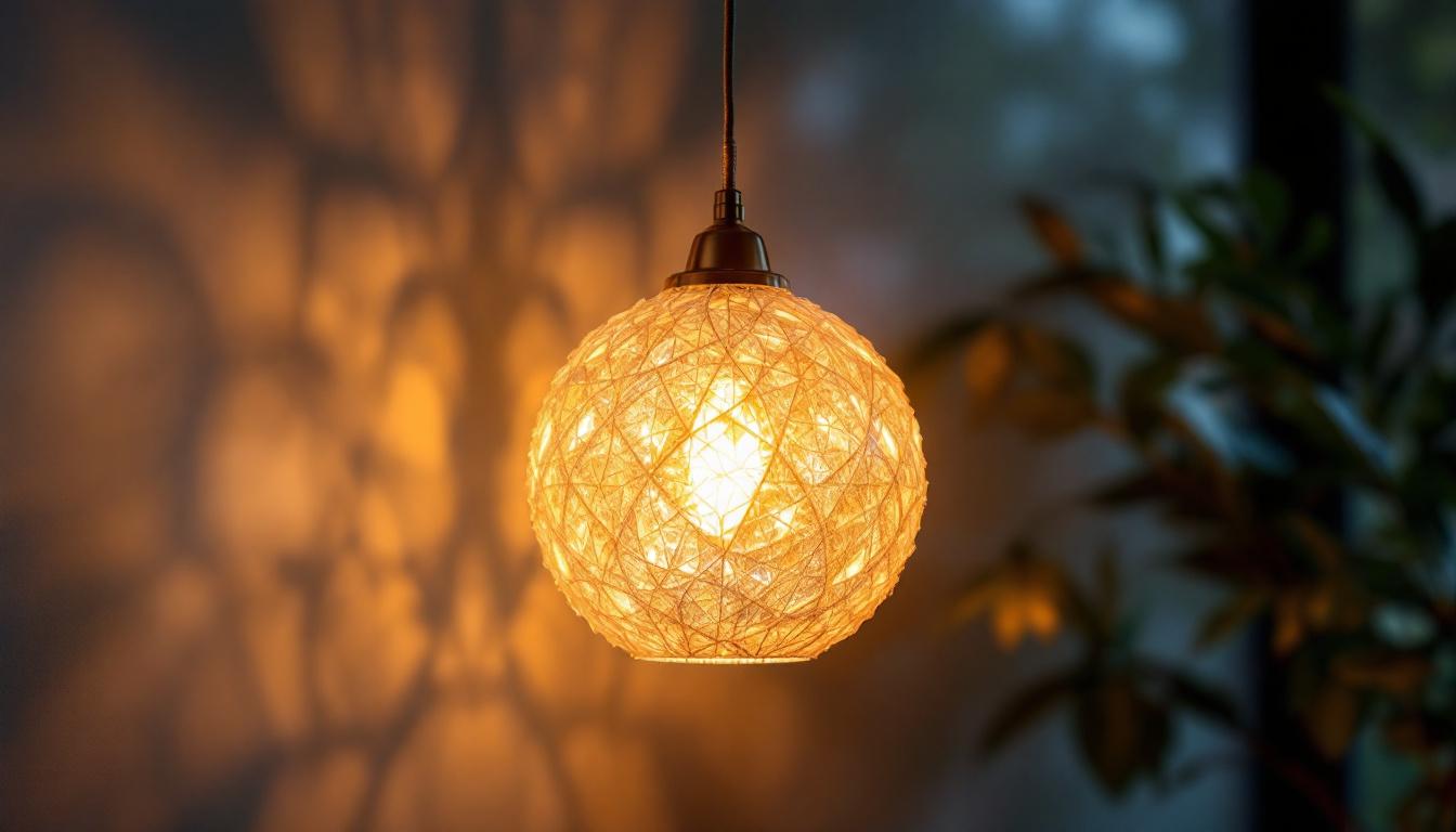 A photograph of a beautifully designed textured pendant light hung in a cozy