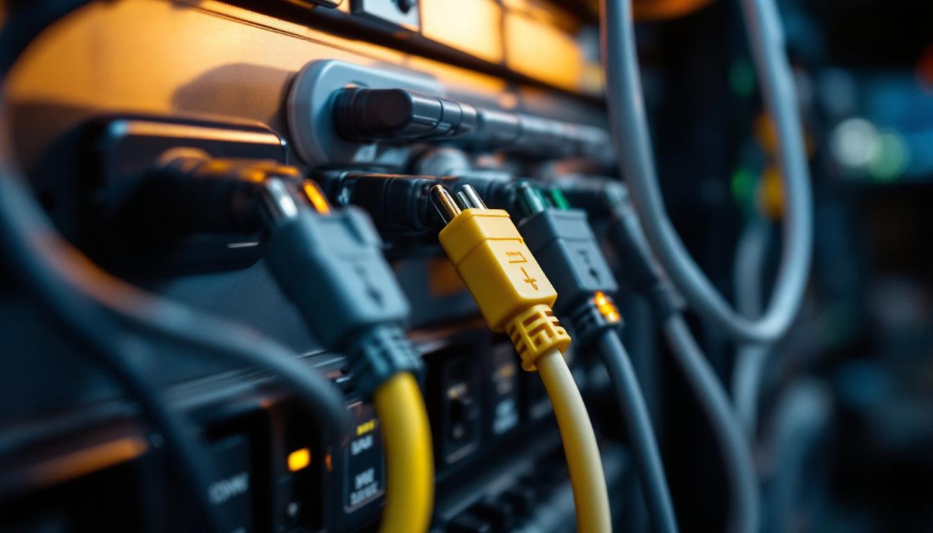 A photograph of a close-up of a well-organized setup of daisy-chained electrical cords in a professional lighting environment
