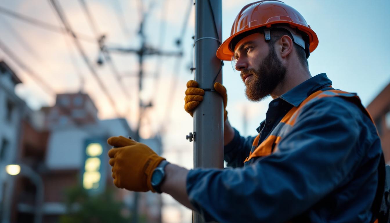 A photograph of a skilled electrical engineer installing a light pole bracket in an urban setting