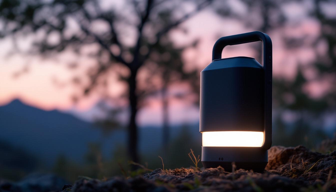A photograph of a beautifully designed portable outdoor light in a natural setting during twilight