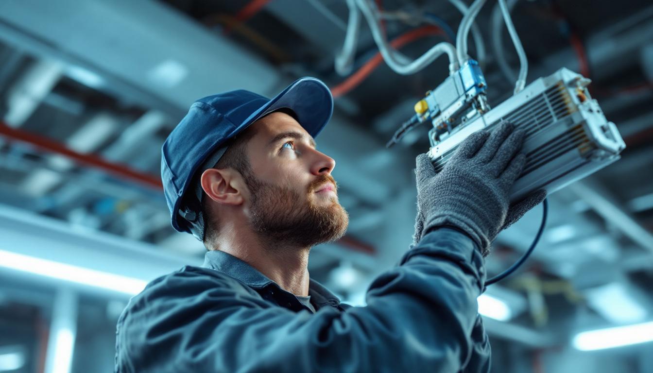 A photograph of a skilled engineer or technician carefully replacing a fluorescent ballast in a commercial lighting fixture