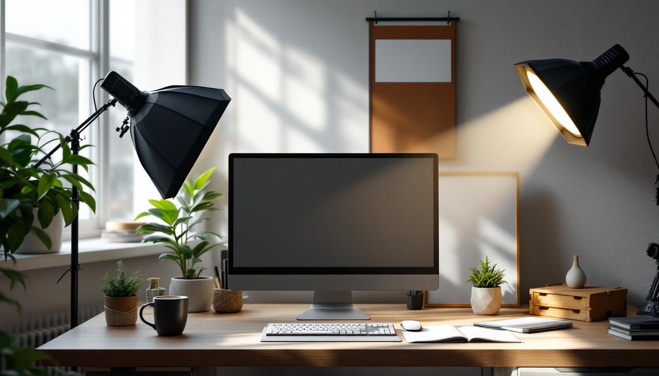 A photograph of a well-lit workspace showcasing various lighting setups
