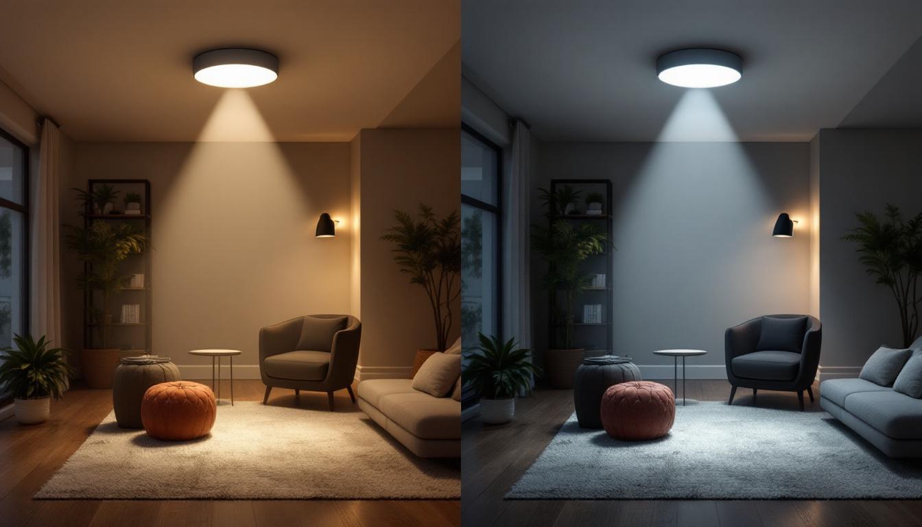 A photograph of a side-by-side comparison of 4-inch and 6-inch recessed lights installed in a home setting