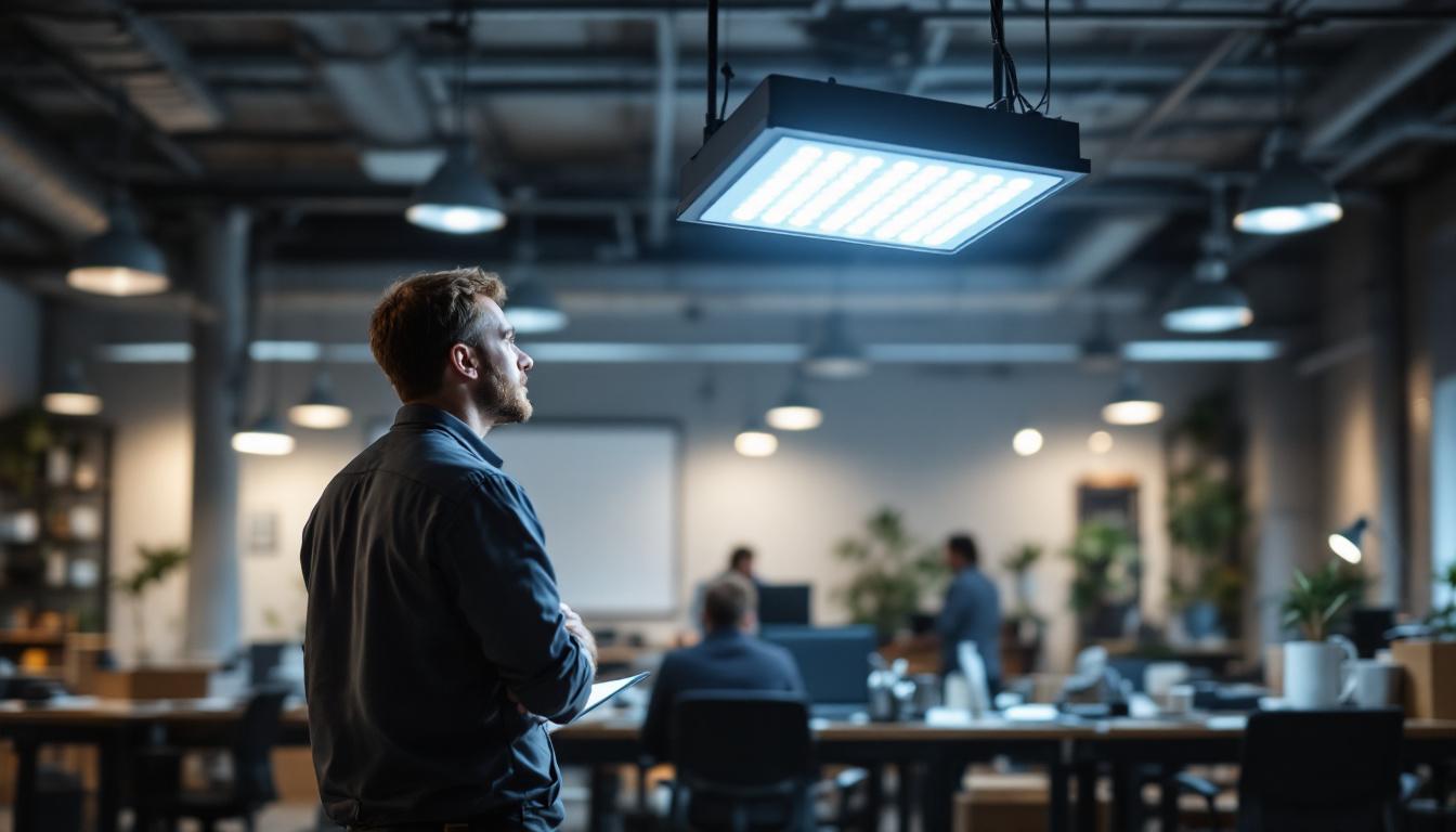 A photograph of a well-lit workspace showcasing a 2x4 led lighting fixture installed in a modern office or industrial setting