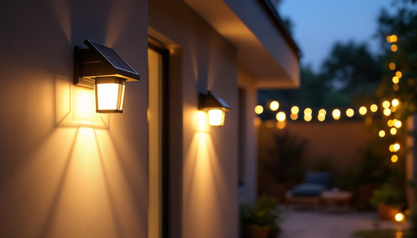 A photograph of a beautifully illuminated outdoor space featuring solar wall mount lights in use