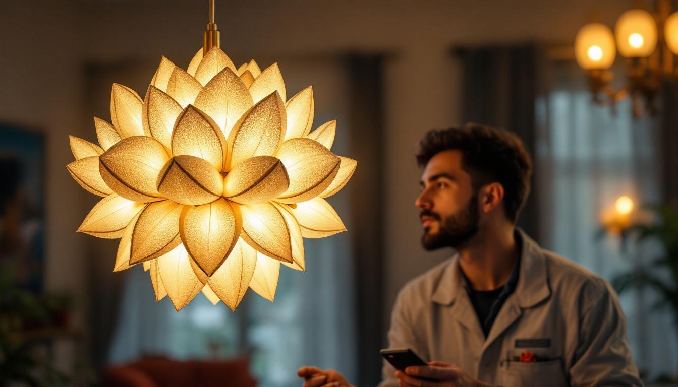 A photograph of a beautifully designed lotus light fixture in an elegant setting