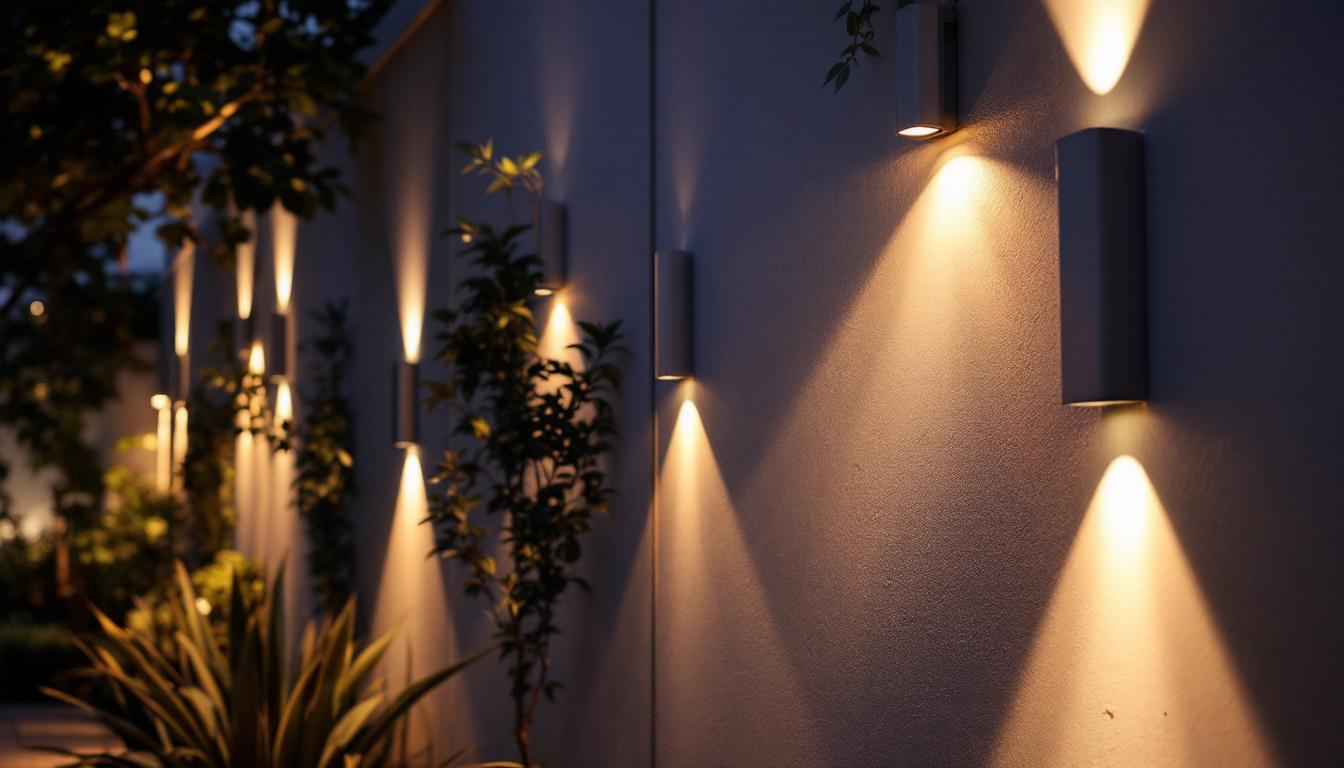 A photograph of a beautifully illuminated outdoor wall featuring modern led wall-mounted lights