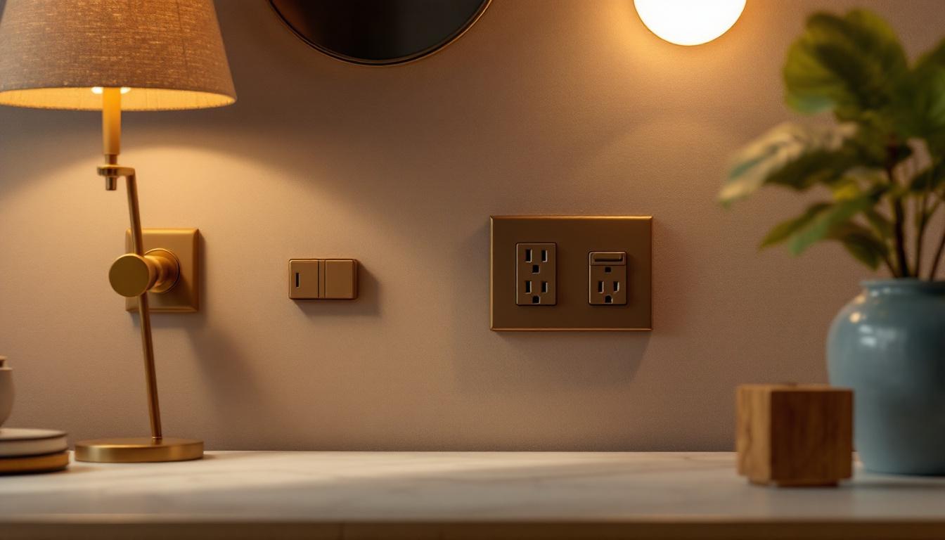 A photograph of a stylish interior setting featuring a variety of brown outlets in use