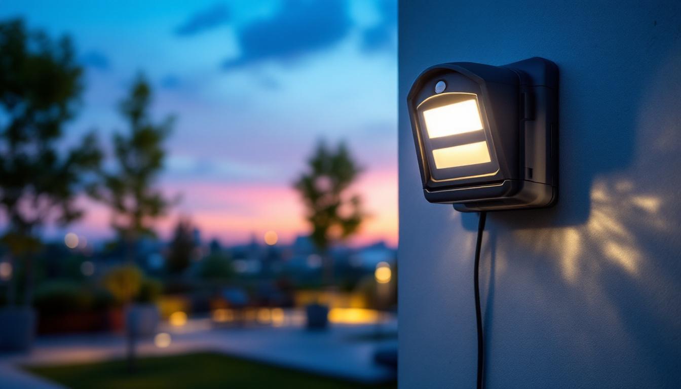 A photograph of a photo sensor light bulb illuminating a modern outdoor setting at dusk