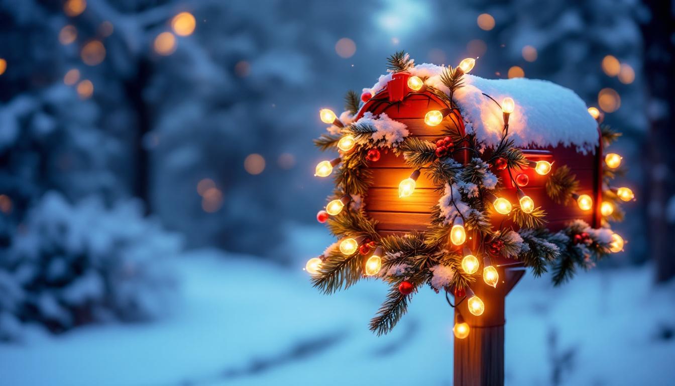 A photograph of a beautifully decorated mailbox adorned with vibrant christmas lights