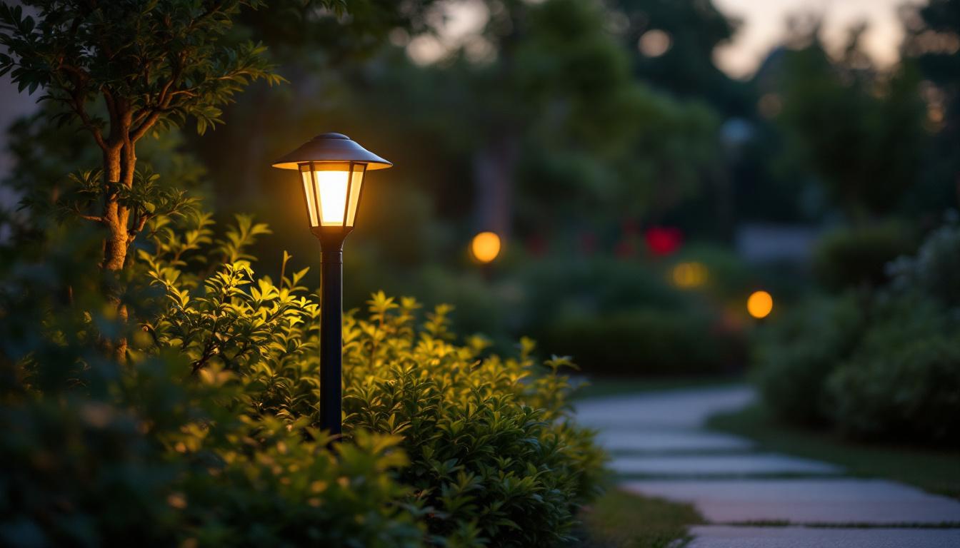 A photograph of a beautifully illuminated small outdoor light fixture in a serene garden setting during dusk