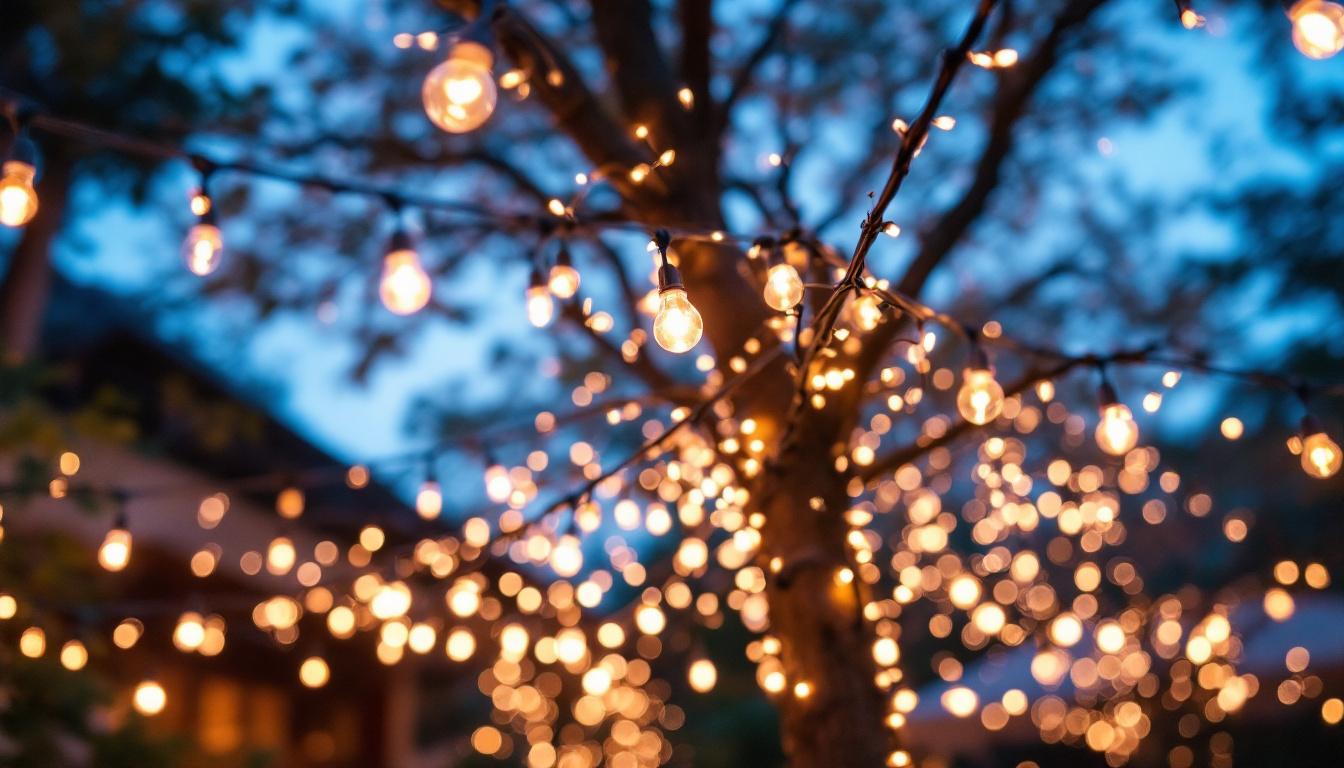 A photograph of a beautifully illuminated outdoor setting featuring string lights draped artfully across trees or structures