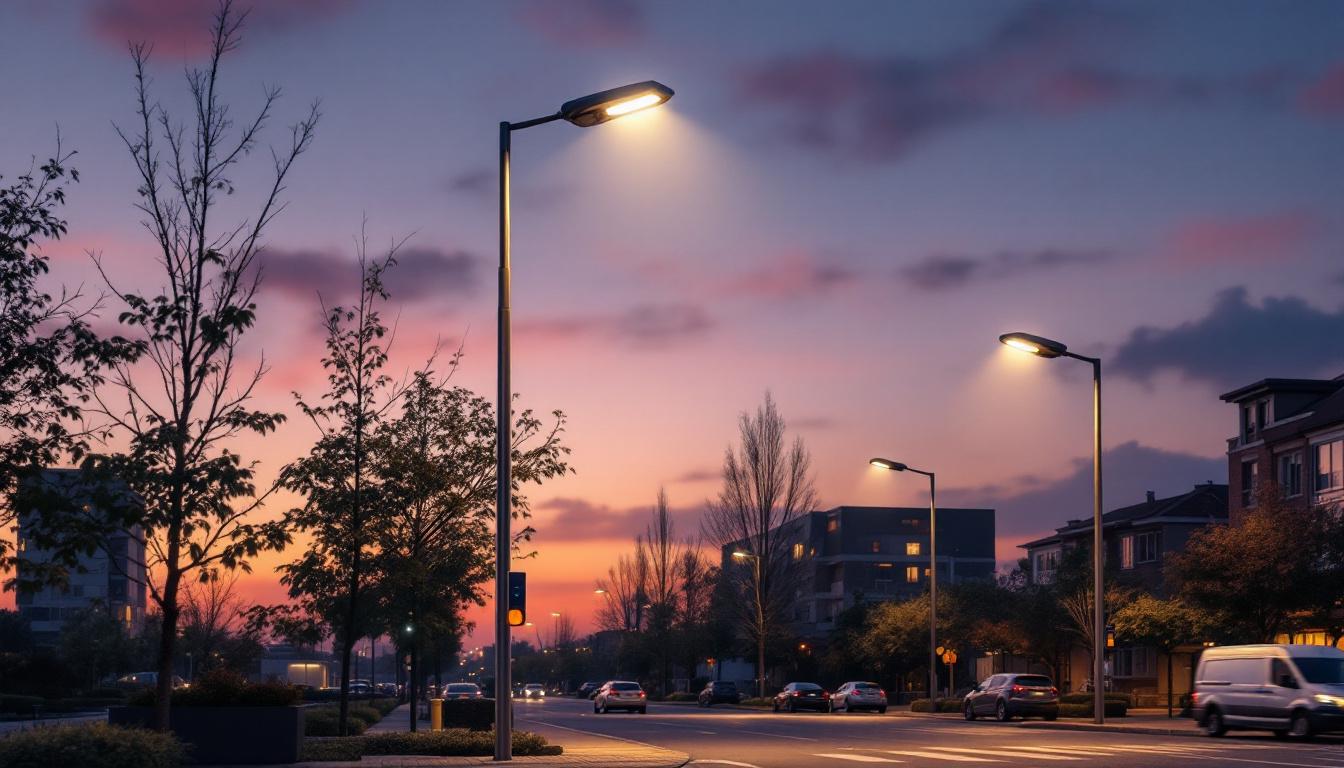A photograph of a well-designed commercial light post in an urban setting