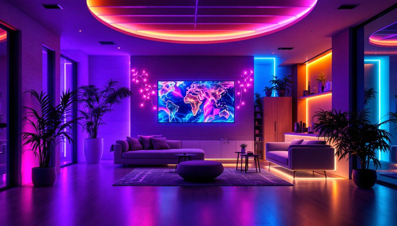 A photograph of a beautifully designed interior space illuminated by vibrant led strip lights