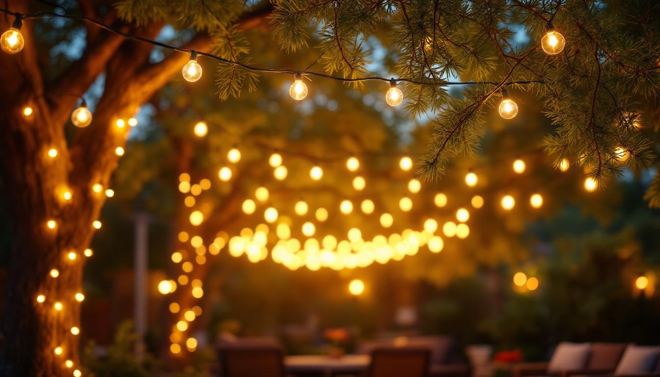 A photograph of a beautifully lit outdoor setting featuring 12-volt string lights elegantly draped across trees or a patio