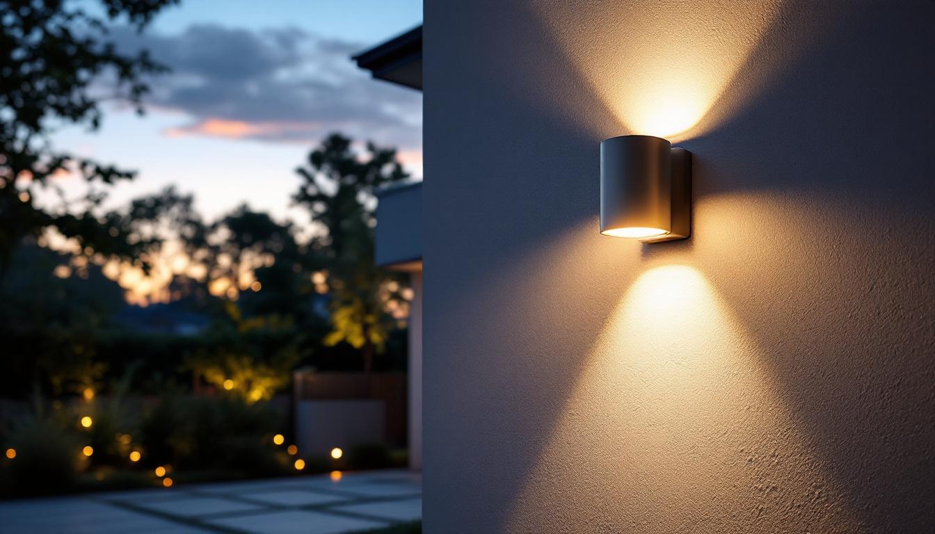 A photograph of a beautifully designed wall-mounted exterior garage light installed on a modern garage