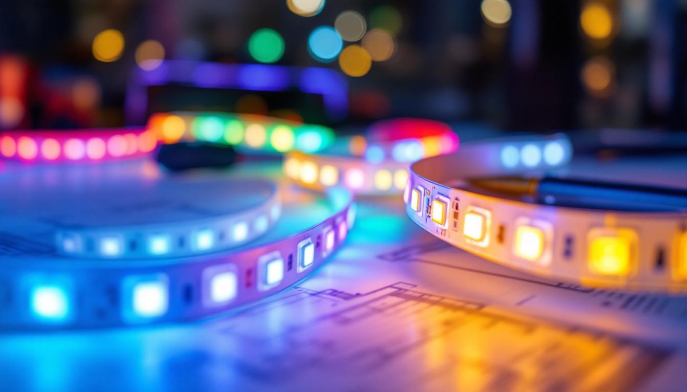A photograph of a close-up shot of vibrant ribbon led lights in various colors and configurations