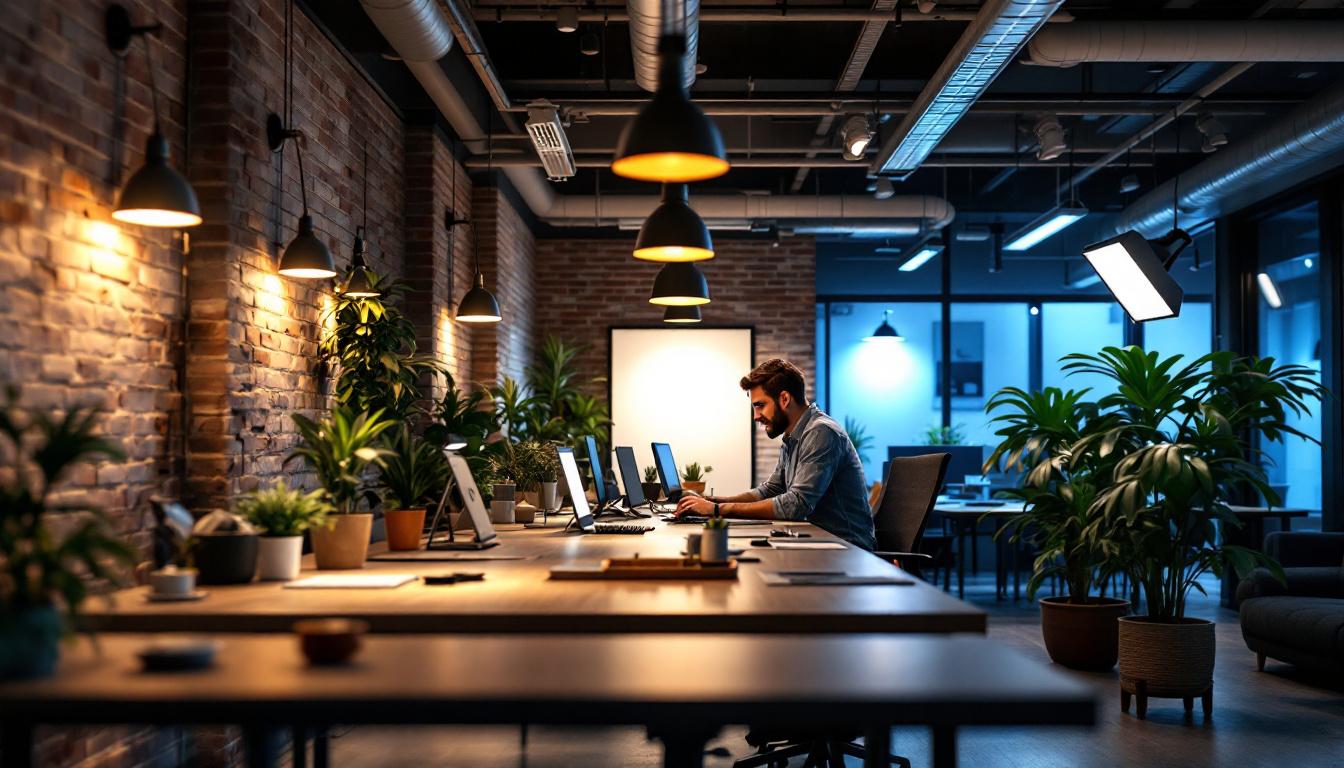 A photograph of a well-lit workspace featuring a variety of led lighting solutions being installed or showcased