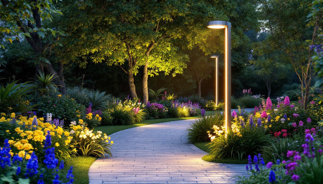 A photograph of a beautifully landscaped area featuring a modern light pole